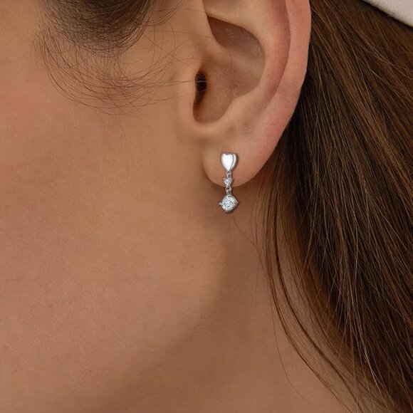 Sterling Silver Heart Dangle Earrings with Cubic Zirconia for Women, Lightweight - Picture 3 of 6